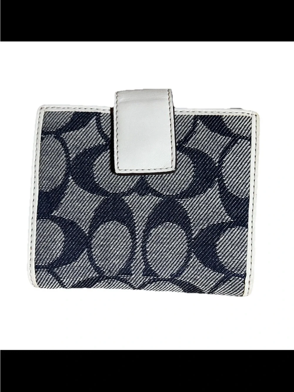 Coach Legacy Bi-Fold Wallet, Signature Denim, White Laced Leather, Brass